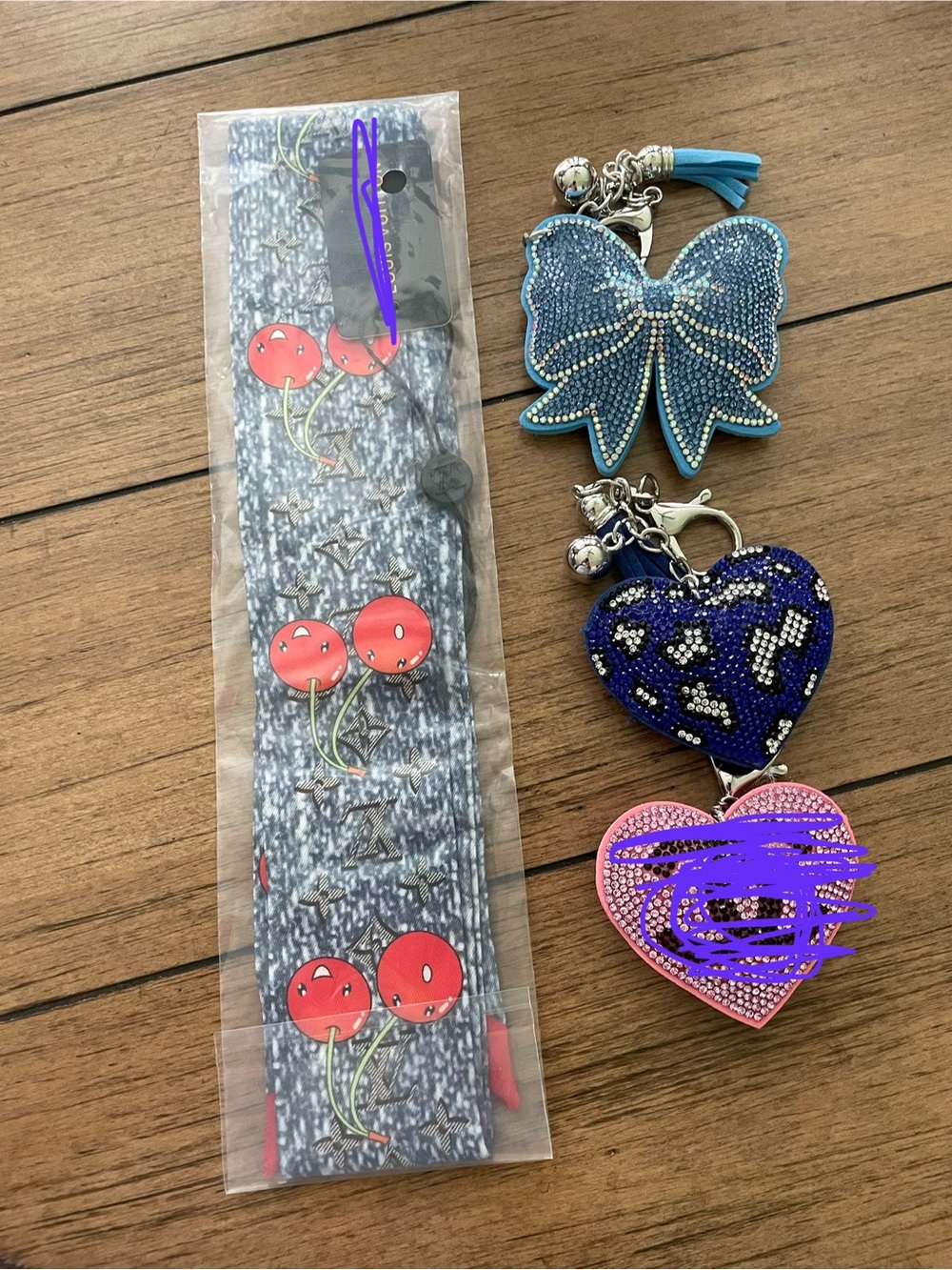 Beaded Butterfly & Heart Keychain Trio with Cherry Accent Scarf